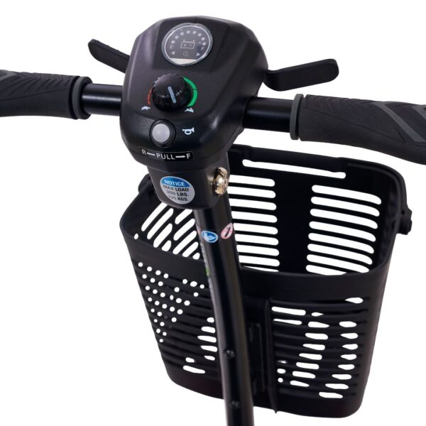 Close-up of the BuzzAround LT 4-Wheel Scooter handlebar with a control panel, textured grips, and a black plastic basket mounted on the front.