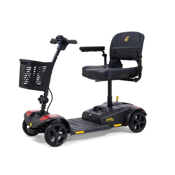BuzzAround LT 4-Wheel Scooter with black seat, armrests, front basket, and handlebars displayed on a white background.