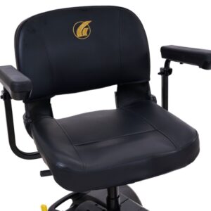 A black padded swivel chair with armrests and a gold embroidered logo on the backrest, perfect for relaxing after riding your BuzzAround LT 4-Wheel Scooter.