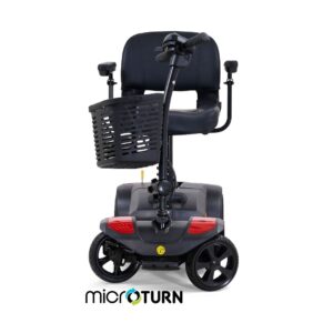 A front view of the BuzzAround LT 4-Wheel Scooter with a black seat, handlebars, front basket, and four wheels. The MicroTURN logo appears at the bottom of the image.