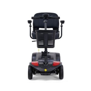 Rear view of a black BuzzAround LT 4-Wheel Scooter featuring a padded seat with ventilation slots on the backrest, armrests, and four wheels.
