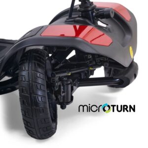 Close-up view of a black and red BuzzAround LT 4-Wheel Scooter with the micro TURN logo overlaid in the lower right corner.