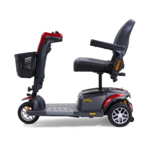 The BuzzAround LX 3-Wheel Scooter has a black seat, armrests, front basket, and red accents, shown from the side against a white background.
