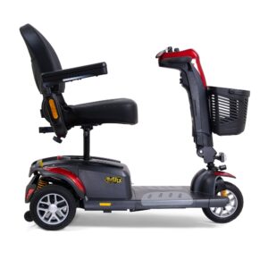 The BuzzAround LX 3-Wheel Scooter features a black seat with armrests, a front basket, and red accents, shown in side profile on a white background.