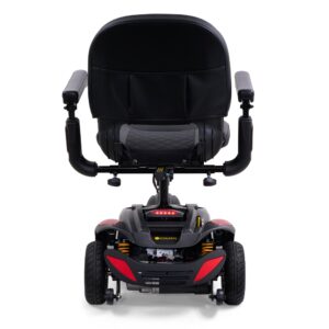 Rear view of a black BuzzAround LX 3-Wheel Scooter with a padded seat, armrests, and three wheels, shown against a white background.