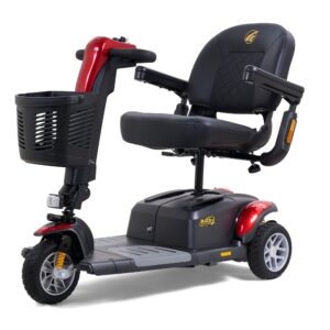 The BuzzAround LX 3-Wheel Scooter features a black seat, armrests, front basket, and red accents, making it ideal for personal transportation.