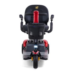 Front view of a red and black BuzzAround LX 3-Wheel Scooter featuring a single front wheel, padded seat, and armrests.