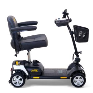 The BuzzAround XL 4-Wheel Scooter, shown in black and white from the side on a white background, features a padded seat, armrests, a handlebar, and a front basket.