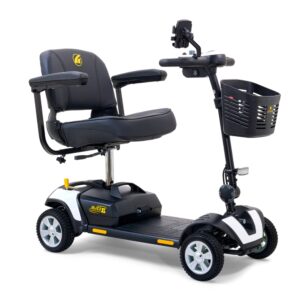 The BuzzAround XL 4-Wheel Scooter features a sturdy platform, black cushioned seat with armrests, front basket, and handlebars—ideal as a reliable 4-Wheel Travel Scooter for comfortable support.