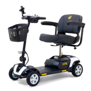 The BuzzAround XL 4-Wheel Scooter in black and white features a front basket, padded seat with armrests, and a control panel on the handlebar for comfortable and convenient mobility.