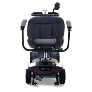 Rear view of a black BuzzAround XL 4-Wheel Scooter featuring armrests, four wheels, and a handlebar control panel.