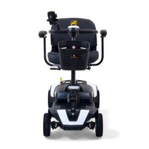 Front view of the BuzzAround XL 4-Wheel Scooter in black and white, featuring armrests, padded seat and backrest, plus a small front-mounted basket.