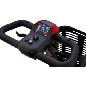 Close-up of the Buzzaround XL 4-Wheel Scooter handlebar featuring a digital display, control buttons, joystick, and a black plastic basket attached to the front.