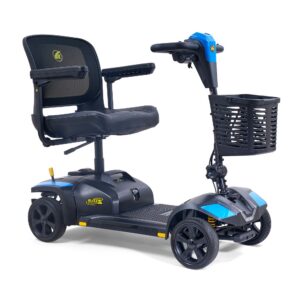 The Buzzaround XL 4-Wheel Scooter is a black and blue electric mobility scooter featuring four wheels, a mesh seat, armrests, front basket, and handlebars.