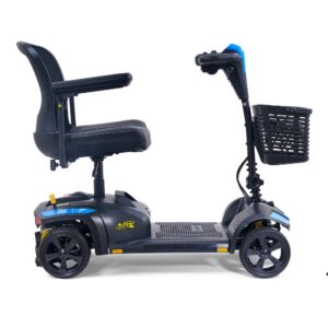 Side view of the Buzzaround XL 4-Wheel Scooter in black and blue, featuring a padded seat, armrests, front basket, and four wheels.