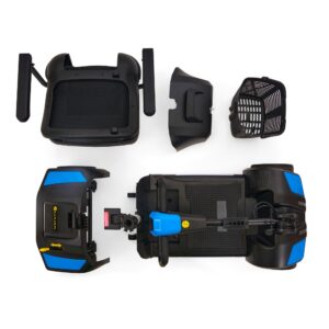 Buzzaround XL 4-Wheel Scooter parts—seat, front cover, basket, and scooter base—disassembled and displayed on a white background.