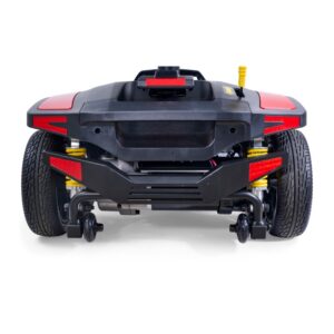 Rear view of the Buzzaround XL 4-Wheel Scooter base featuring two large wheels, suspension springs, and small caster wheels.