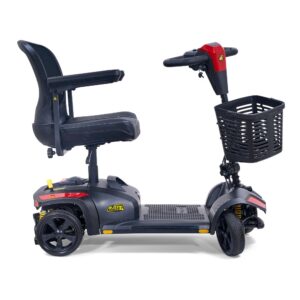 The Buzzaround XL 4-Wheel Scooter features a black seat with armrests, a front basket, and handlebars, displayed from a side view.