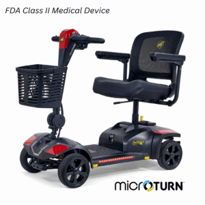 The Buzzaround XL+ 4-Wheel Scooter features a basket, armrests, backrest, and is FDA Class II Medical Device. The microTURN logo appears in the corner.
