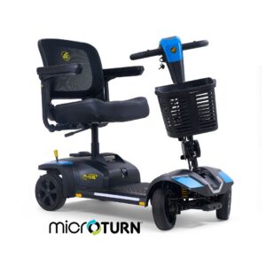 The Buzzaround XL+ 4-Wheel Scooter is a compact mobility scooter featuring armrests, a front basket, and a comfortable mesh seat.