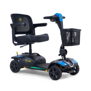 The Buzzaround XL+ 4-Wheel Scooter features a blue and black design, mesh back seat, armrests, front basket, four wheels, and LED base lights.