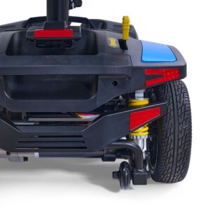 Close-up of the Buzzaround XL+ 4-Wheel Scooter’s rear section, highlighting its wheel, suspension, and colorful components against a white background.