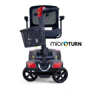 The Buzzaround XL+ 4-Wheel Scooter is shown from the front with a wire basket, mesh backrest, and four wheels. The microTURN logo appears beside it.