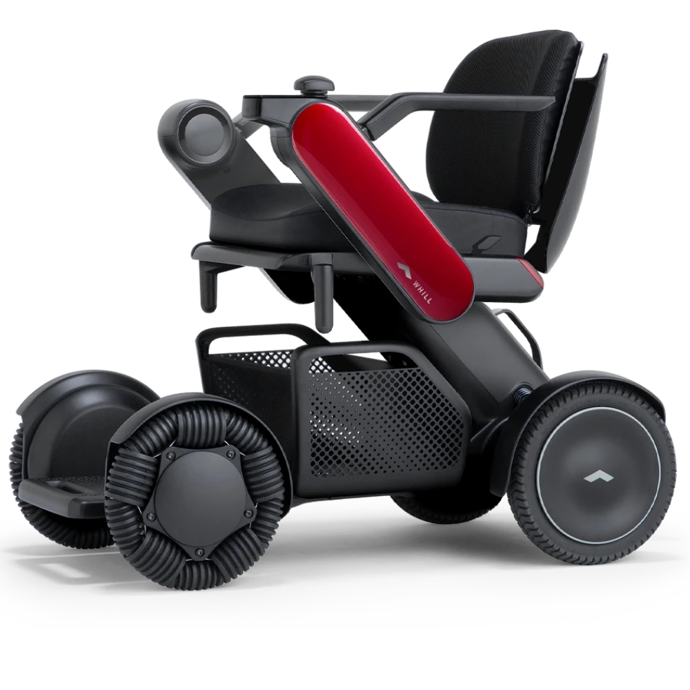 The C2 Model - Portable Electric Wheelchair is a modern, compact mobility aid featuring a red side panel, black cushioned seat, and large all-terrain wheels.