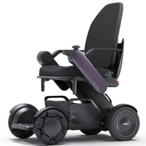 WHILL Model C2 High Back electric wheelchair featuring a mesh backrest, armrests, large wheels, and a sleek side-profile design.