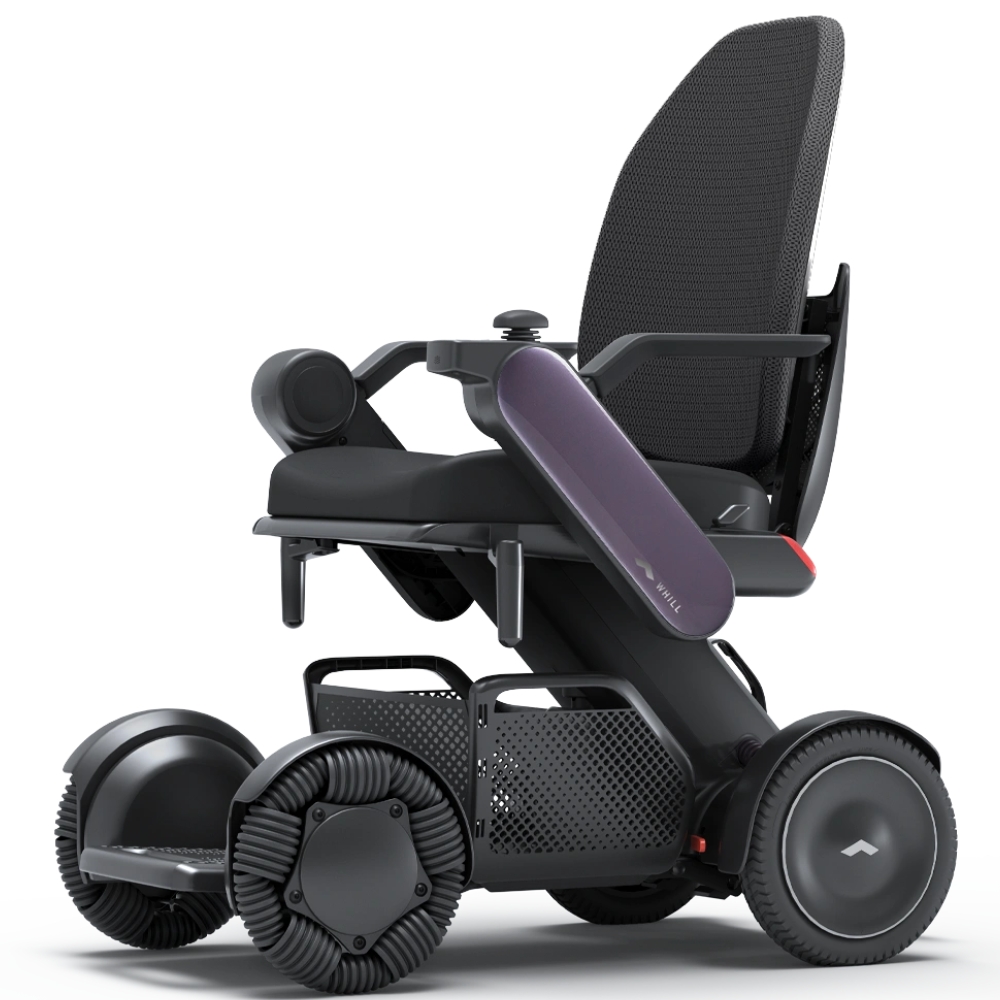 WHILL Model C2 High Back electric wheelchair featuring a mesh backrest, armrests, large wheels, and a sleek side-profile design.