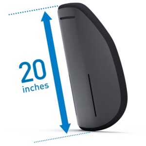 A tall, curved, black WHILL Model C2 High Back stands upright next to a blue arrow labeled 20 inches indicating its height.