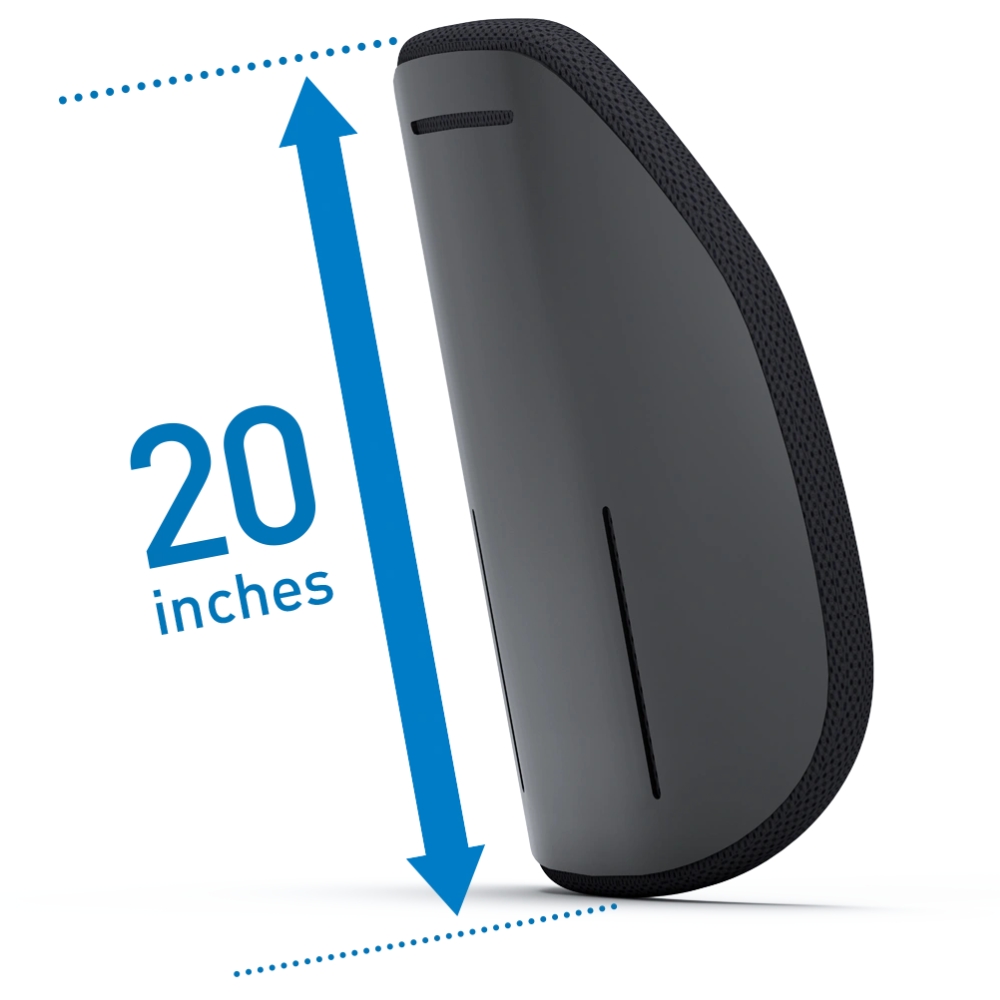 A tall, curved, black WHILL Model C2 High Back stands upright next to a blue arrow labeled 20 inches indicating its height.