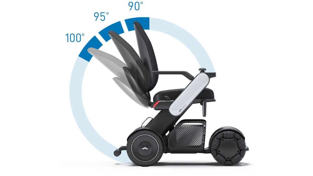 The WHILL Model C2 High Back mobility chair is shown in profile, with its backrest adjusting to 100, 95, and 90-degree angles, illustrated by a blue arc and labeled degree markings behind the chair.