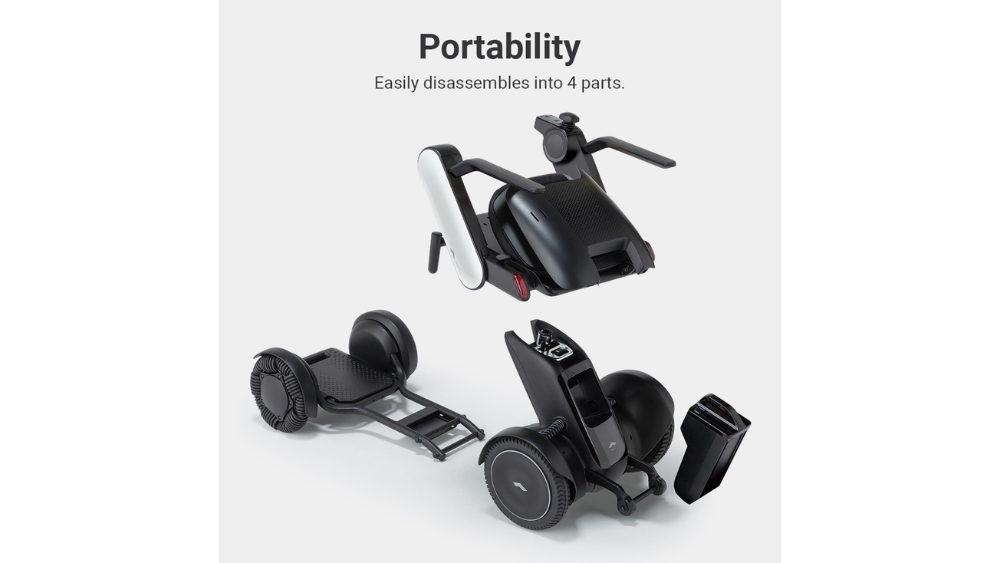 Four black and white components of the C2 Model - Portable Electric Wheelchair are separated on a white background, illustrating how the chair disassembles for easy portability. Text reads: Portability. Easily disassembles into 4 parts.