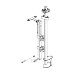 Line drawing of the CANE/CRUTCH HOLDER ASSY, W/HEADREST BRACKET, JAZZY AIR showing base, brackets, threaded bolt, and height adjustment holes; disassembled bolt shown separately.