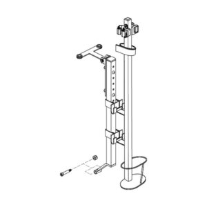 Line drawing of the CANE/CRUTCH HOLDER ASSY, W/HEADREST BRACKET, JAZZY AIR showing base, brackets, threaded bolt, and height adjustment holes; disassembled bolt shown separately.