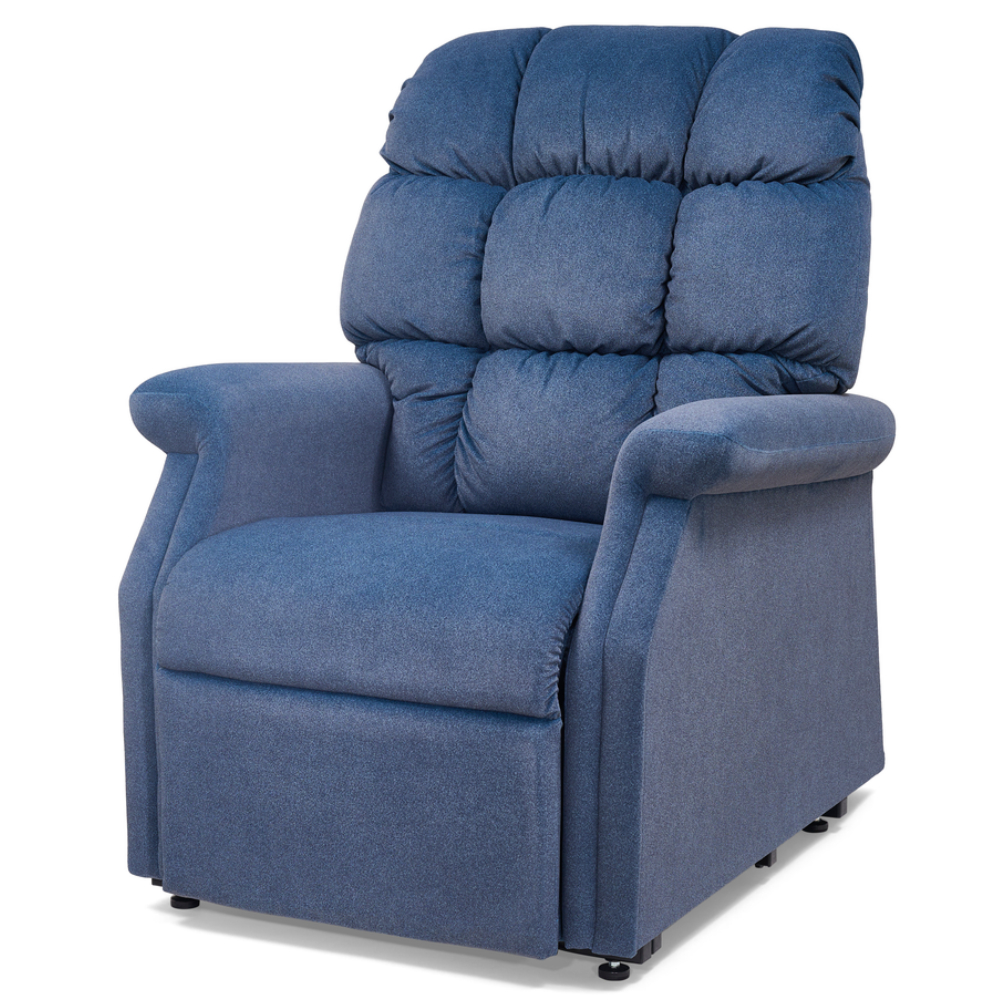 A Cambridge Lift Chair in blue upholstery, featuring padded backrest, seat, and armrests, is photographed against a white background.