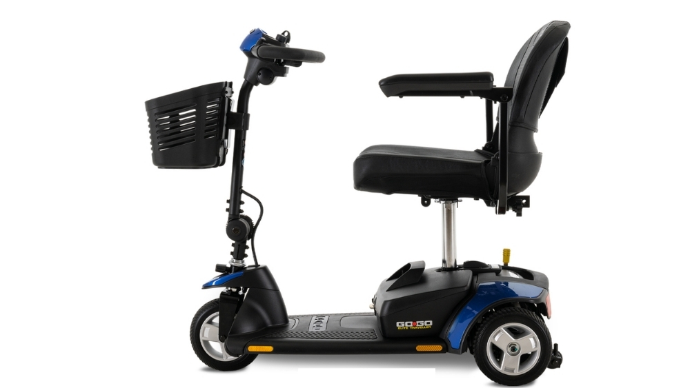 Side view of a Go Go Elite Traveller 3-Wheel Scooter featuring a black seat with armrests, a front basket, and a blue and black body.