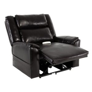 The Evolution Lift Chair in black leather is shown with its footrest extended and the remote control placed on the seat.