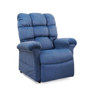 Cloud Lift Chair in blue upholstery with padded arms, backrest, and seat, displayed against a white background.