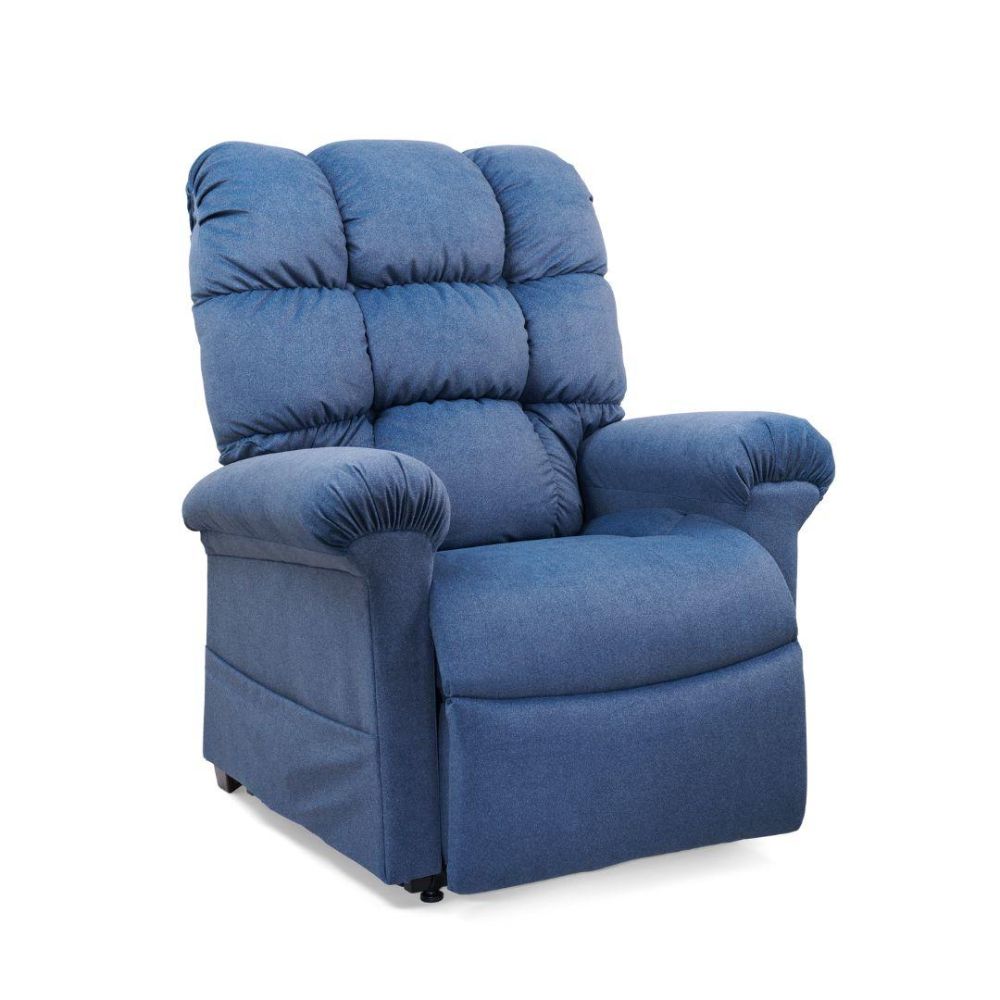 Cloud Lift Chair in blue upholstery with padded arms, backrest, and seat, displayed against a white background.
