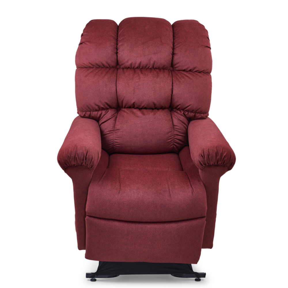 A plush maroon Cloud Lift Chair w/ MaxiComfort recliner with padded armrests and backrest, shown from the front on a white background.