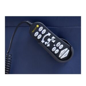 A black, wired remote control with labeled buttons for recline, footrest, and more rests on a blue surface—echoing the cozy support provided by the Cloud Supreme with Twilight Lift Chair.