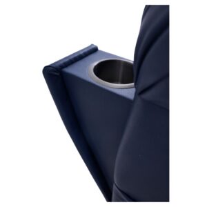 Close-up of the Cloud Supreme with Twilight Lift Chair in dark blue, showcasing its armrest's built-in stainless steel cup holder for a touch of comfort and elegance.