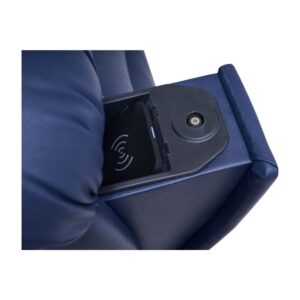 Close-up of the Cloud Supreme with Twilight Lift Chair’s blue upholstered armrest, showcasing a built-in wireless charging pad and a round metallic socket for convenience and modern style.