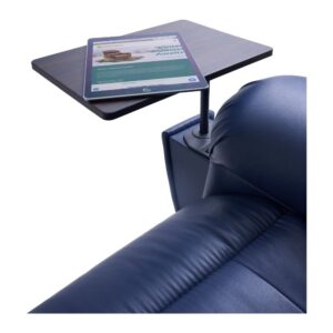 A tablet sits on a small wooden side table attached to the Cloud Supreme with Twilight Lift Chair in blue leather, creating a cozy, cloud-like scene.