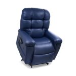 The Cloud Supreme with Twilight Lift Chair, in blue leather, features padded armrests and backrest, a side control panel, and delivers ultimate comfort with elegant twilight design.