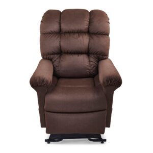 The Cloud Lift Chair, seen from the front, features a brown finish with padded armrests and an overstuffed cushioned backrest for enhanced comfort.