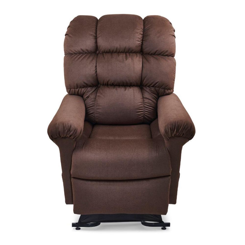 The Cloud Lift Chair, seen from the front, features a brown finish with padded armrests and an overstuffed cushioned backrest for enhanced comfort.