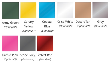 A chart shows the Buzzaround CarryOn HD 4-Wheel Scooter color options: Army Green, Canary Yellow, Coastal Blue, Crisp White, Desert Tan, Grey, Orchid Pink, Stone Grey, and Velvet Red—all with standard and optional labels.